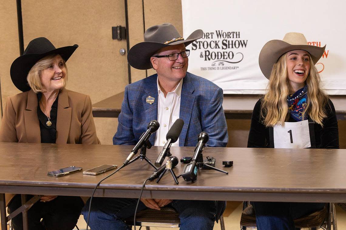 Mary Russell and Willam Blanchard of Higginbotham & Associates attend a press conference with Elli Bezner, 17, and her father Stephen after Blanchard purchased Bezner’s grand champion steer for $340,000 during the Jr. Sale of Champions Livestock Auction at the Fort Worth Stock Show & Rodeo on Saturday, Feb. 3, 2024.