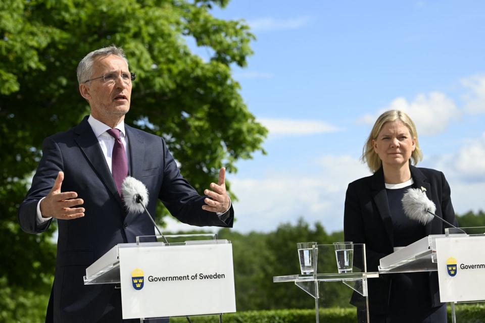 <span class="caption">NATO Secretary General Jens Stoltenberg, left, and Swedish Prime Minister Magdalena Andersson answer questions from reporters on June 13, 2022.</span> <span class="attribution"><a class="link " href="https://www.gettyimages.com/detail/news-photo/secretary-general-jens-stoltenberg-and-swedens-prime-news-photo/1241282686" rel="nofollow noopener" target="_blank" data-ylk="slk:Henrik Montgomery /TT News Agency/AFP via Getty Images;elm:context_link;itc:0;sec:content-canvas">Henrik Montgomery /TT News Agency/AFP via Getty Images</a></span>