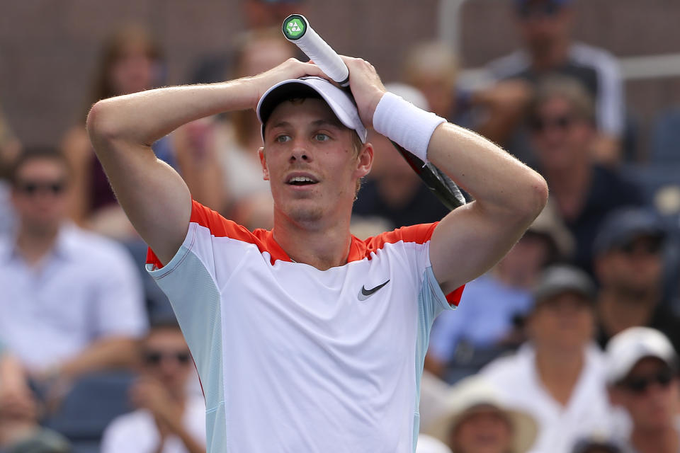 Denis Shapovalov, of Canada, reacts after losing a point to Andrey Rublev, of Russia, during the third round of the U.S. Open tennis championships, Saturday, Sept. 3, 2022, in New York. (AP Photo/Andres Kudacki)