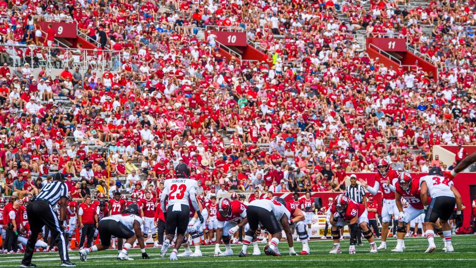 Indiana's Connor Bazelak (9) prepares to start the play in front of a large crowd during the Indiana versus Western Kentucky football game at Memorial Stadium on Sept. 17, 2022.