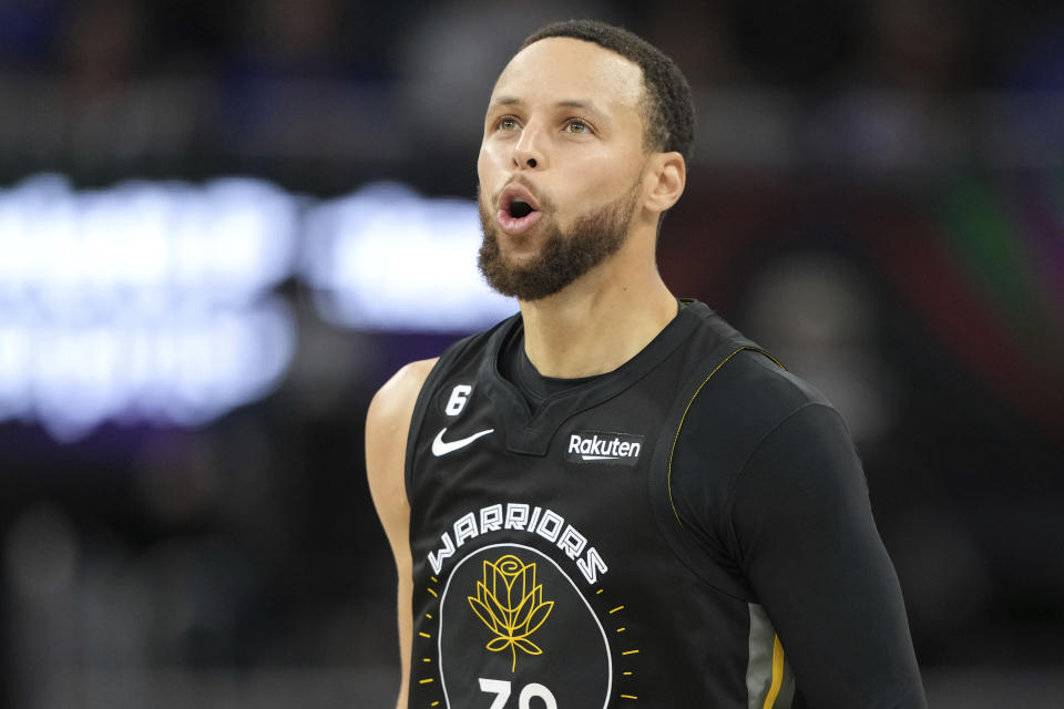 Golden State Warriors guard Stephen Curry during the fourth quarter of an NBA basketball game against the New Orleans Pelicans Tuesday, March 28, 2023, in San Francisco. (AP Photo/Darren Yamashita)