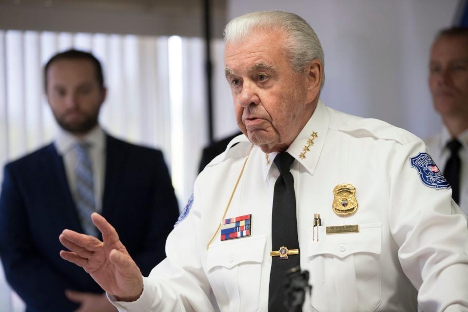 Warren Police Commissioner William Dwyer speaks during a press conference in 2019. He was fired on Tuesday, March 5, 2024.