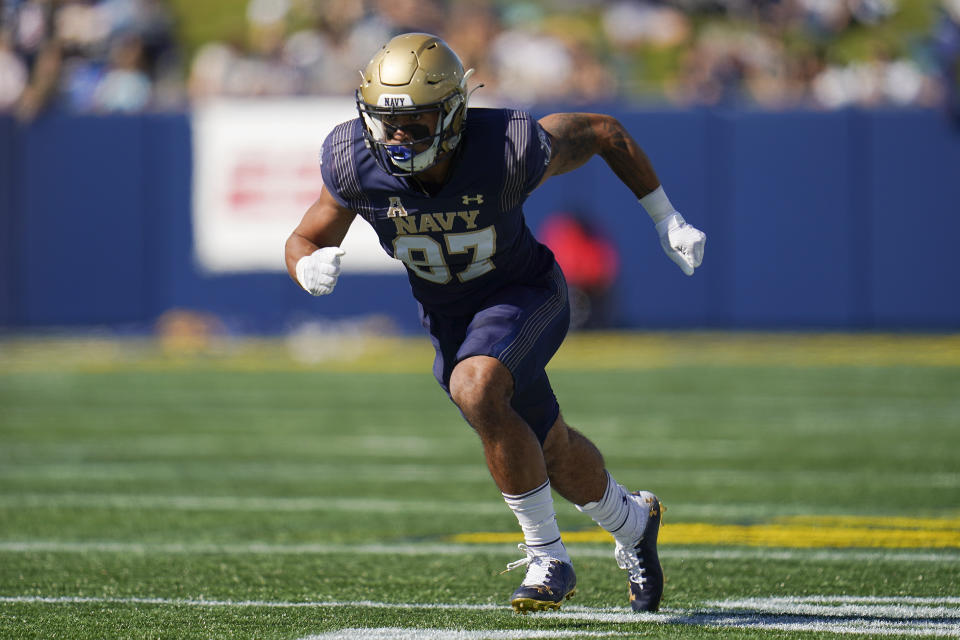 Navy wide receiver Jayden Umbarger runs a route against Houston during the first half of an NCAA college football game, Saturday, Oct. 22, 2022, in Annapolis, Md. (AP Photo/Julio Cortez)