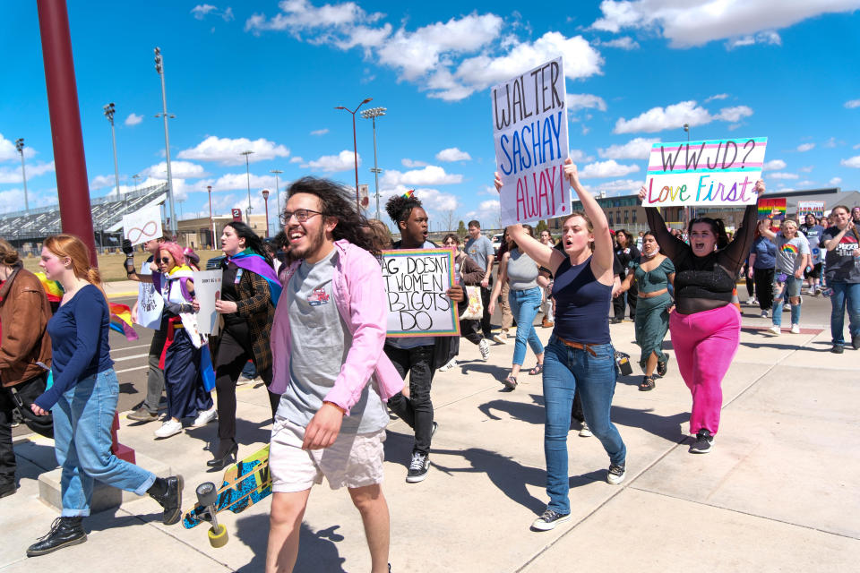 Students march through the campus of West Texas A&M University on Friday in protest of WT President Walter Wendler's cancellation of an on campus drag show.