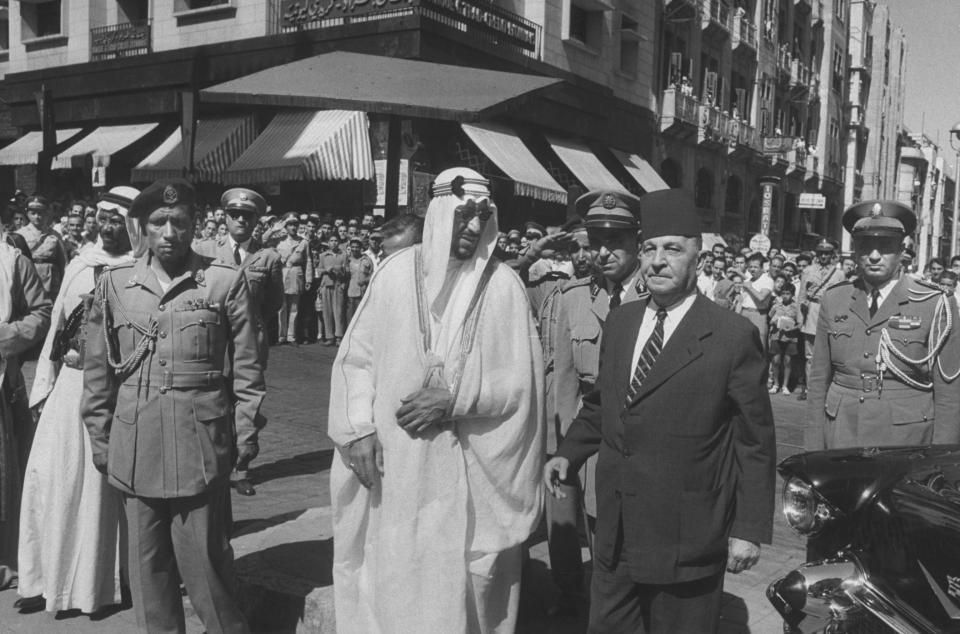 King Saud Ibn Abbdul Aziz (L) and Sami Solh (R) during his visit.  (Photo by James Whitmore/The LIFE Picture Collection via Getty Images/Getty Images)