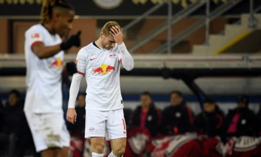 RB Leipzig pair Christopher Nkunku and Timo Werner show their frustration at Paderborn before their team won 3-2 to go top of the Bundesliga