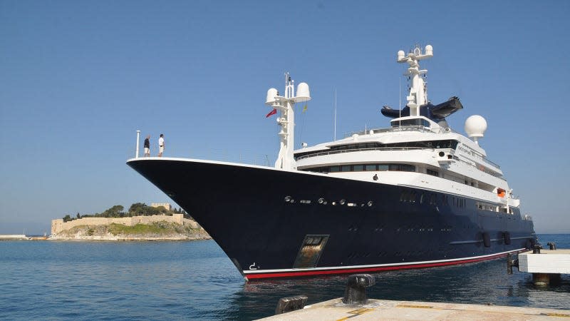 A photo of the Octopus yacht at port. 