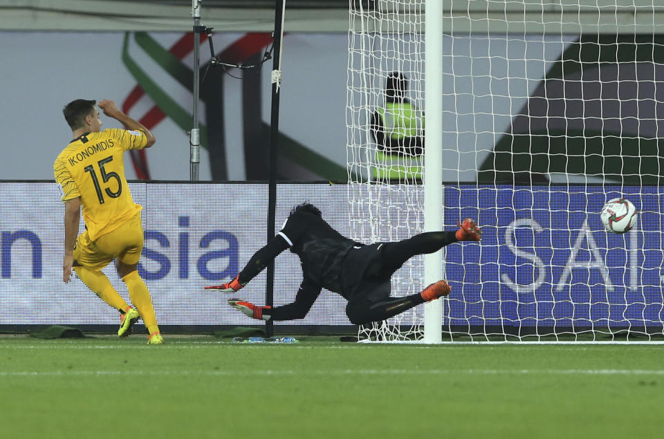 Australia's midfielder Christopher Ikonomid scores his side's second goal during the AFC Asian Cup group B soccer match between Australia and Syria at the Khalifa bin Zayed Stadium in Al Ain, United Arab Emirates, Tuesday, Jan. 15, 2019. (AP Photo/Kamran Jebreili)