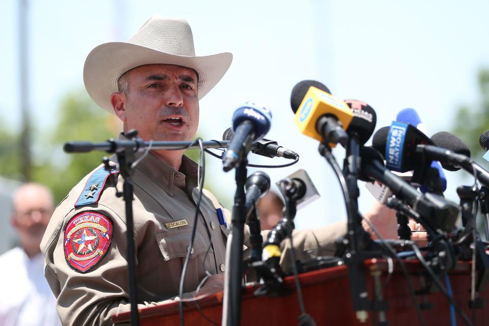 The Texas Department of Public Safety's Deputy Director Victor Escalon speaks at a press briefing May 26 in Uvalde, two days after 19 students and two teachers died at Robb Elementary in the deadliest school shooting in the state's history.