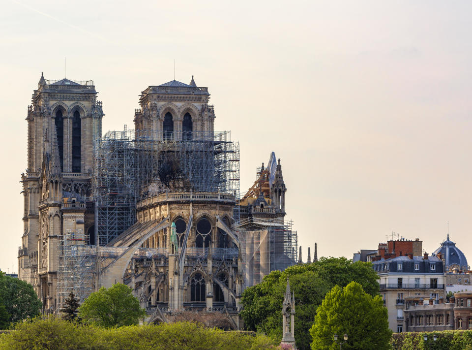 Detailed image of the remains of Notre Dame Cathedral in Paris after the fire destroyed the whole roof on April 2019. / Credit: Razvan / iStockPhotos via Getty Images