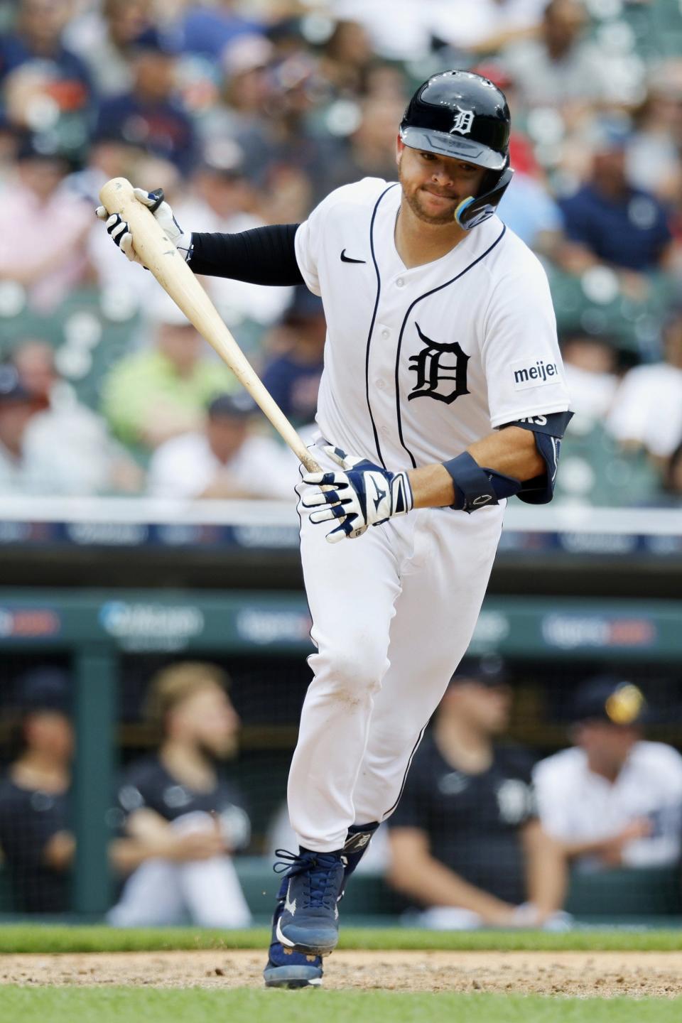 Jake Rogers #34 of the Detroit Tigers reacts after an at-bat in the eighth inning against the Minnesota Twins at Comerica Park on June 25, 2023 in Detroit, Michigan.