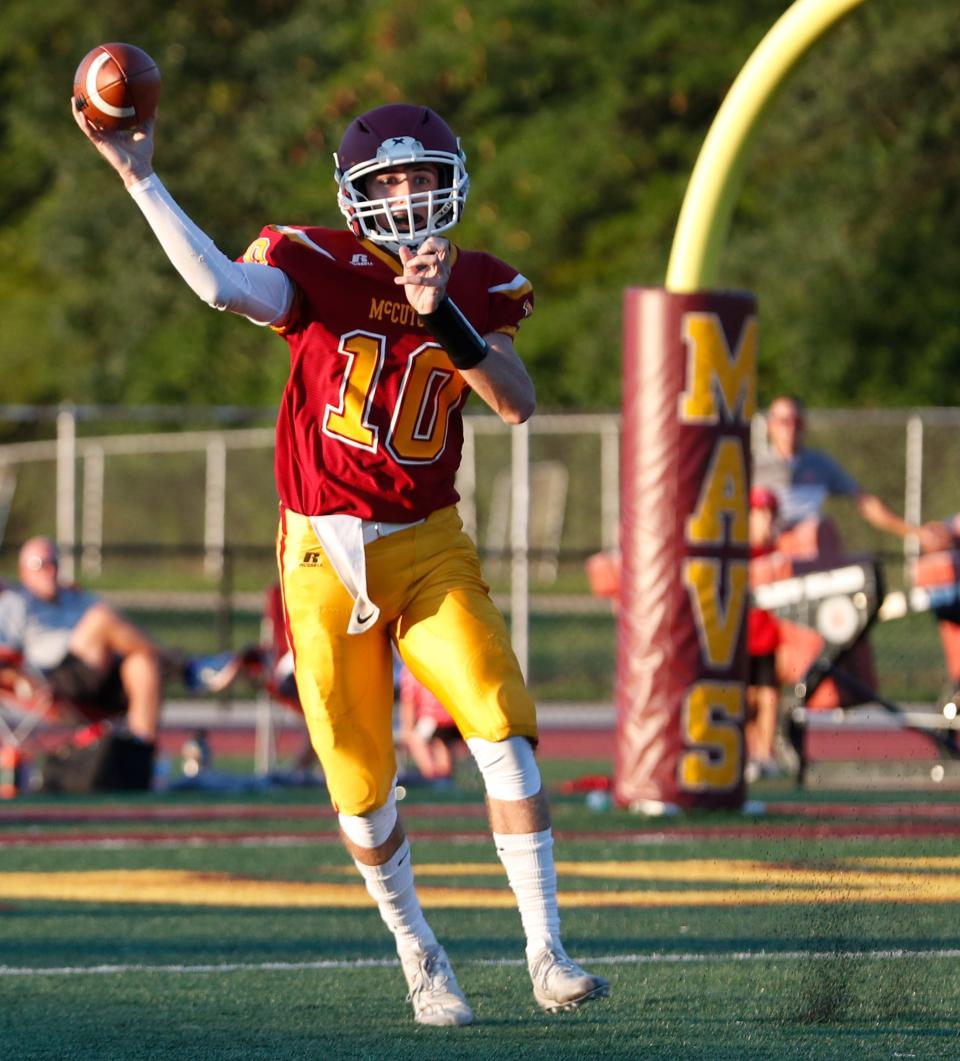 McCutcheon Mavericks quarterback Owen Smith (10) throws a pass during the IHSAA football game against the West Lafayette Red Devils, Friday, Aug. 26, 2022, at Ellison Stadium in Lafayette, Ind. 