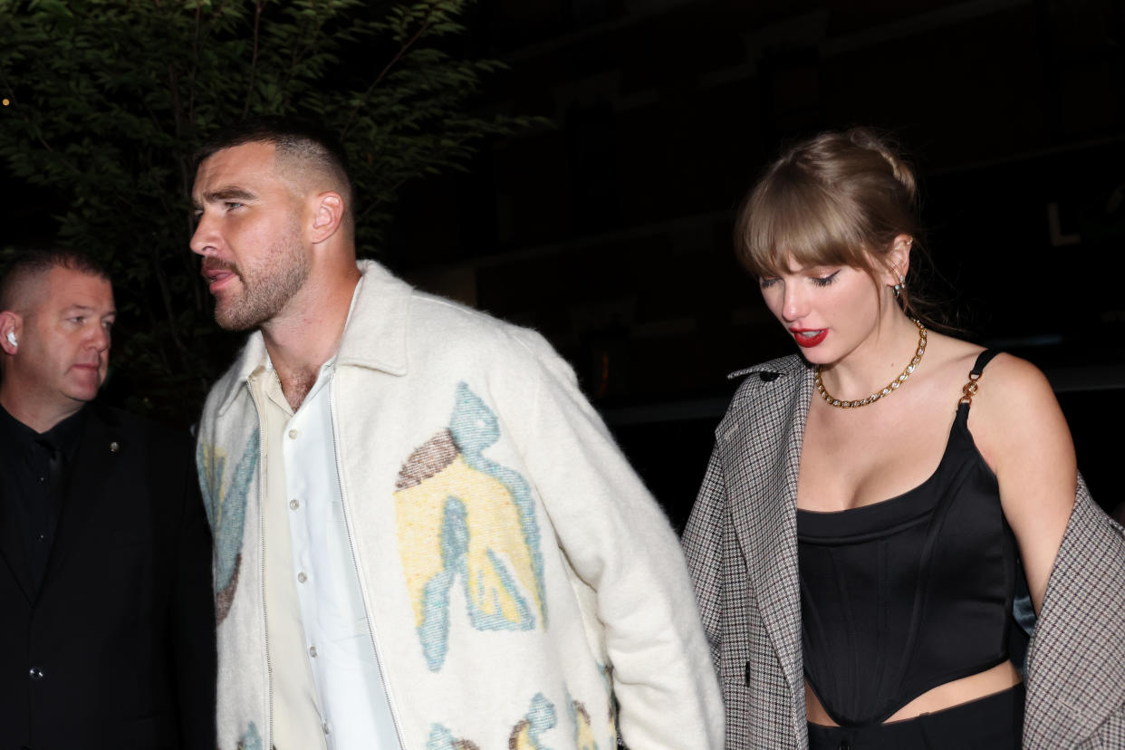 NEW YORK, NEW YORK - OCTOBER 14: Travis Kelce and Taylor Swift attend CATCH Steak on October 14, 2023 in New York City. (Photo by Johnny Nunez/WireImage)