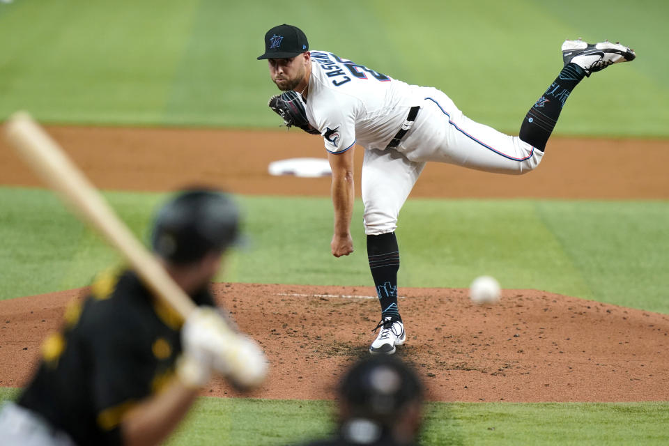 Miami Marlins starting pitcher Daniel Castano throws to Pittsburgh Pirates' Jason Delay during the third inning of a baseball game, Tuesday, July 12, 2022, in Miami. (AP Photo/Lynne Sladky)