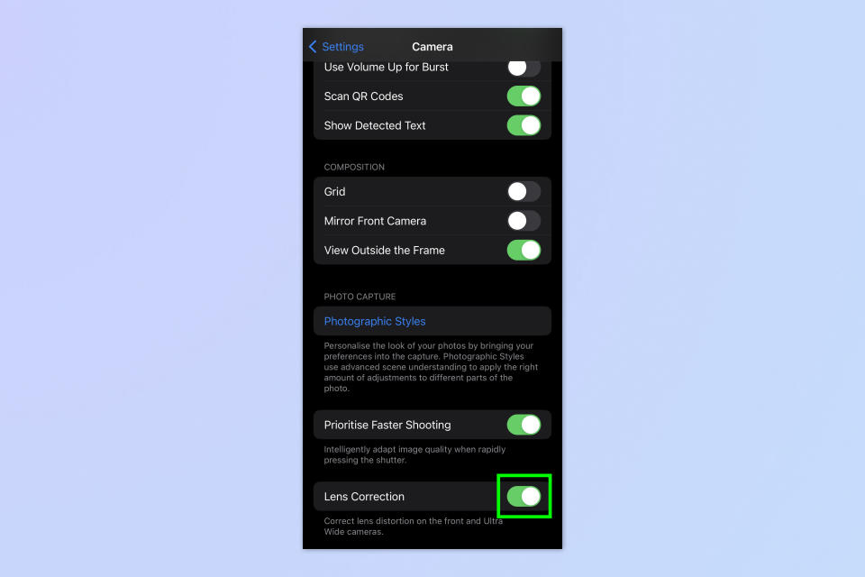 A screenshot showing how to enable lens correction on iPhone