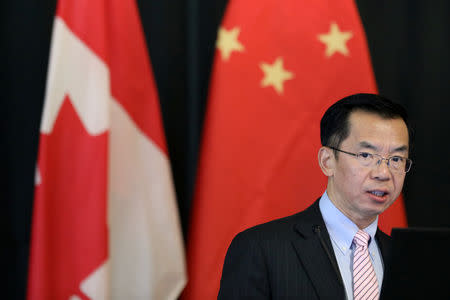 FILE PHOTO: China's Ambassador to Canada Lu Shaye delivers a speech during the Belt and Road Initiative (BRI) Conference at Carleton University in Ottawa, Ontario, Canada, December 14, 2018. REUTERS/Chris Wattie/File Photo