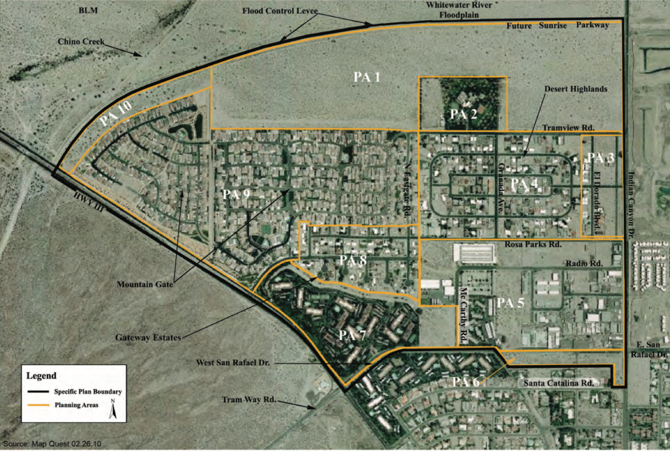 An aerial view of part of north Palm Springs, including open land at upper right where College of the Desert once planned to build a campus. The city now plans to update long-term plans for the area, which also includes the Desert Highland Gateway Estates community.