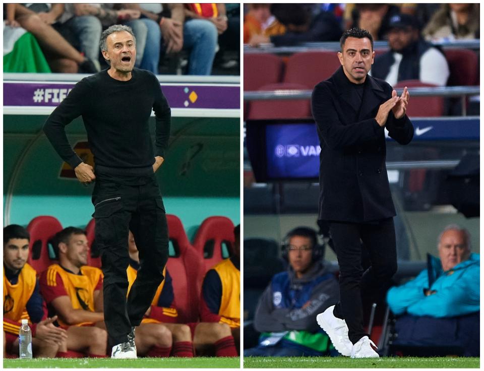 Luis Enrique dirigiendo a Espa&#xf1;a en el partido ante Alemania y Xavi Hern&#xe1;ndez en un partido del Barcelona. (Foto: Jose Breton / Pics Action / NurPhoto / Getty Images / Silvestre Szpylma / Quality Sport Images / Getty Images).