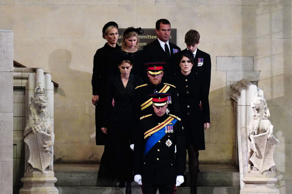 The Queen's grandchildren at a vigil at her coffin over the weekend with the female royals wearing black hats. (Getty Images)