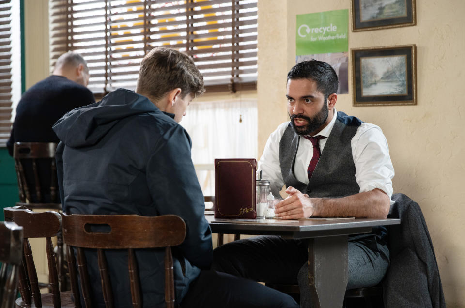 FROM ITV

STRICT EMBARGO - No Use Before Tuesday 12th April 2022

Coronation Street - Ep 1062021

Friday 22nd April 2022

Imran Hebeeb [CHARLIE DE MELO] meets up with Ben [JON-PAUL BELL]and tells him that he needs hard evidence that Abi is back on the drugs before the custody hearing.

Picture contact - David.crook@itv.com

Photographer - Danielle Baguley

This photograph is (C) ITV Plc and can only be reproduced for editorial purposes directly in connection with the programme or event mentioned above, or ITV plc. Once made available by ITV plc Picture Desk, this photograph can be reproduced once only up until the transmission [TX] date and no reproduction fee will be charged. Any subsequent usage may incur a fee. This photograph must not be manipulated [excluding basic cropping] in a manner which alters the visual appearance of the person photographed deemed detrimental or inappropriate by ITV plc Picture Desk. This photograph must not be syndicated to any other company, publication or website, or permanently archived, without the express written permission of ITV Picture Desk. Full Terms and conditions are available on  www.itv.com/presscentre/itvpictures/terms