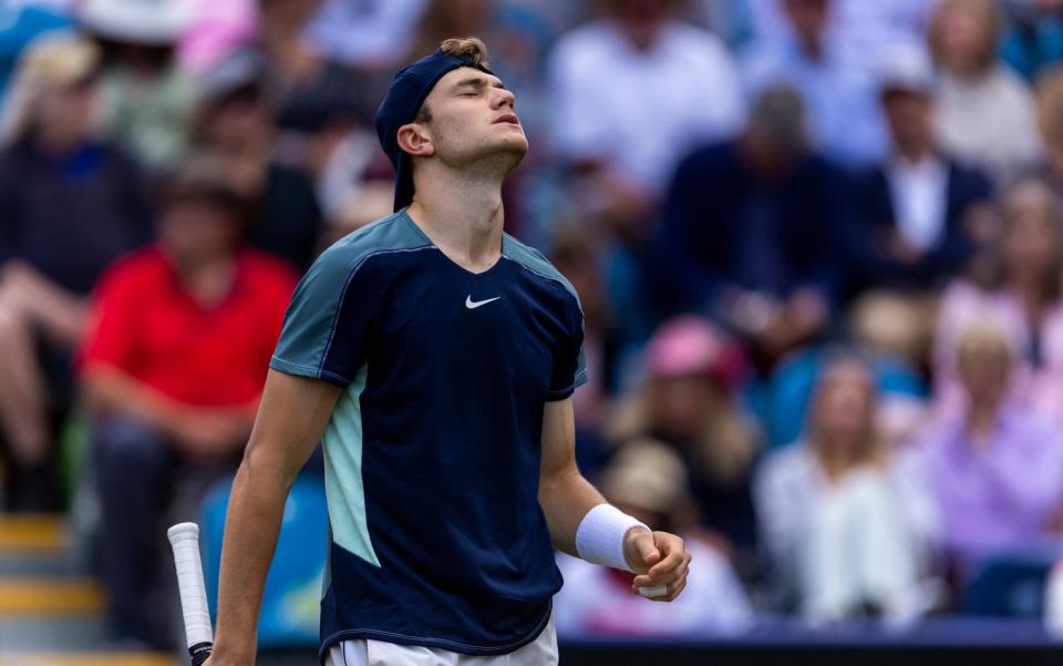 Jack Draper reacts during his semi finals match against Maxime Cressy on centre court on day seven of the Rothesay International Eastbourne at Devonshire Park, Eastbourne. - Steve Paston/PA