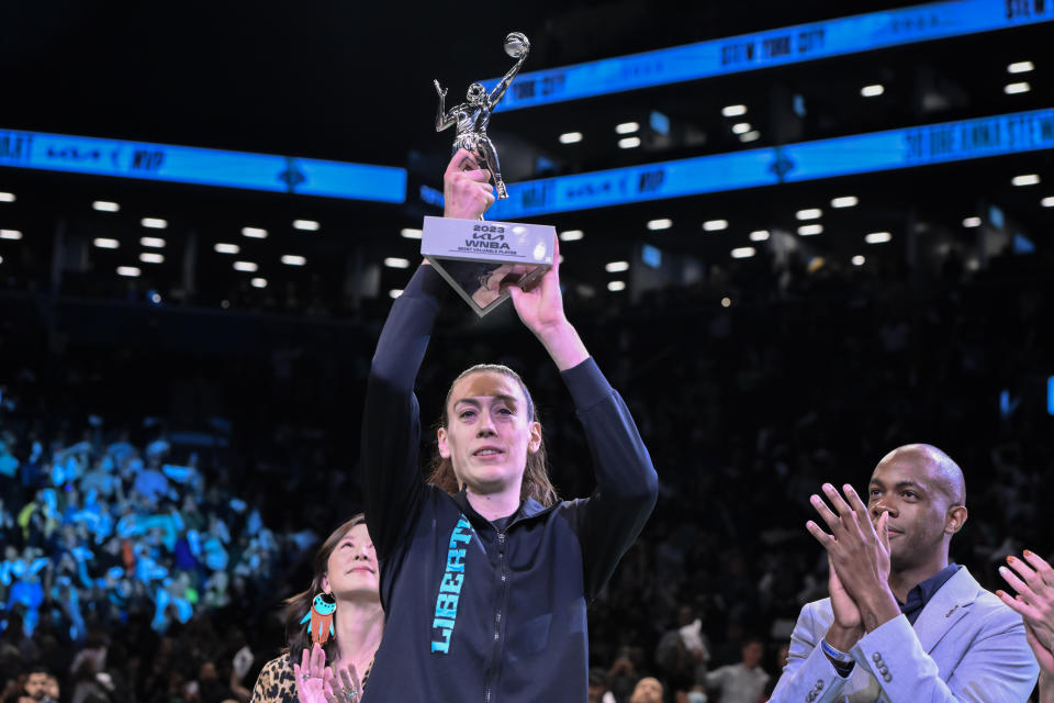 New York Liberty forward Breanna Stewart receives the WNBA Most Valuable Player trophy at Barclays Center in New York City on Sept. 26, 2023. (John Jones/USA TODAY Sports)