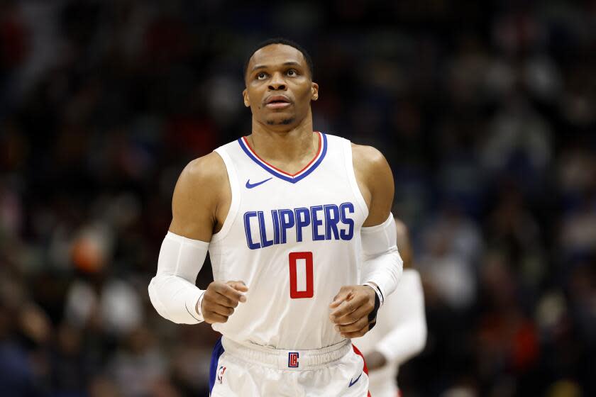 Los Angeles Clippers guard Russell Westbrook (0) in the first half of an NBA basketball game.