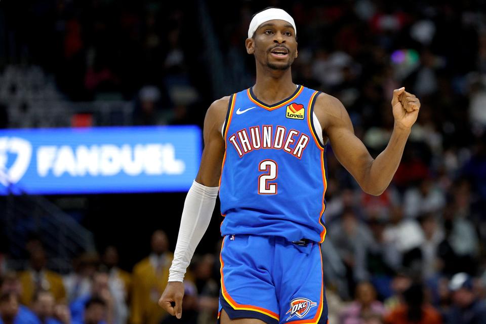 NEW ORLEANS, LOUISIANA - JANUARY 26: Shai Gilgeous-Alexander #2 of the Oklahoma City Thunder reacts after scoirng a three point basket during the third quarter of an NBA game against the New Orleans Pelicans at Smoothie King Center on January 26, 2024 in New Orleans, Louisiana. NOTE TO USER: User expressly acknowledges and agrees that, by downloading and or using this photograph, User is consenting to the terms and conditions of the Getty Images License Agreement. (Photo by Sean Gardner/Getty Images)