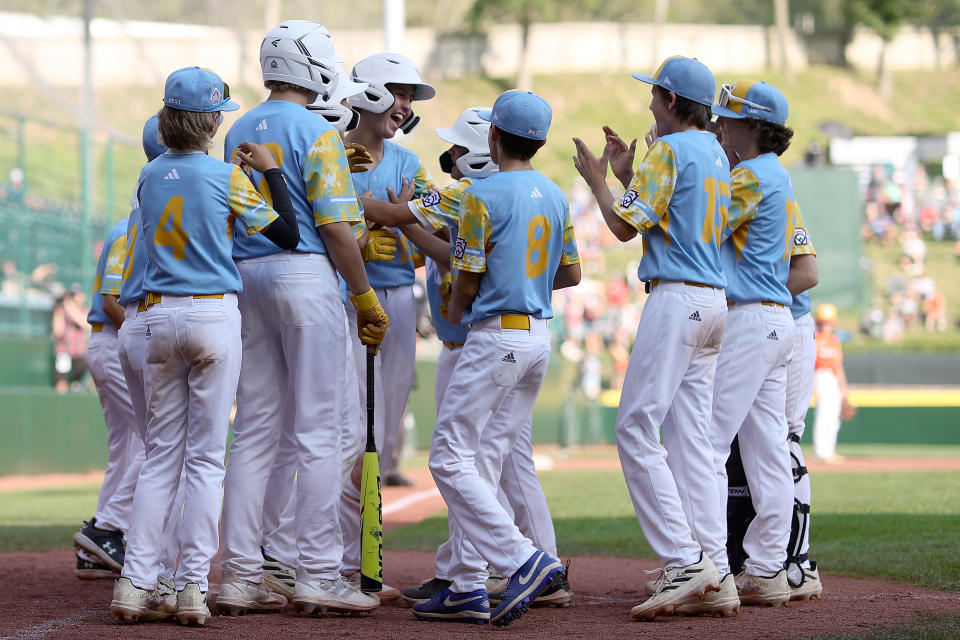 SOUTH WILLIAMSPORT, PENNSYLVANIA - AUGUST 26: The of the West Region team from El Segundo, California celebrate a home run hit by Louis Lappe #16 during the fifth inning against the Southwest Region team from Needville, Texas during the Little League World Series United States Championship at Little League International Complex  on August 26, 2023 in South Williamsport, Pennsylvania. (Photo by Tim Nwachukwu/Getty Images)
