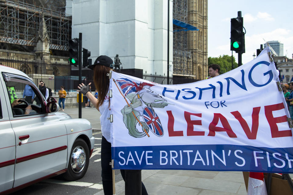 Pro leave campaigners continue their daily protest opposite the Houses of Parliament in London last month (Picture: PA)