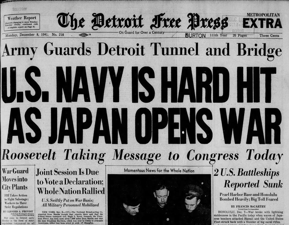 The front page of the Detroit Free Press on Dec. 8, 1941.