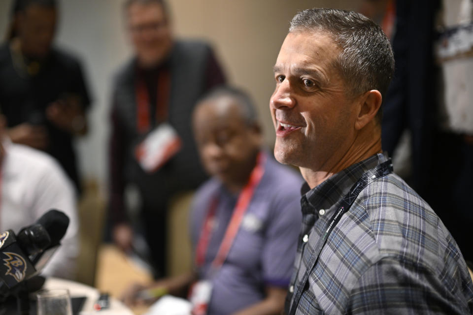 Baltimore Ravens head coach John Harbaugh talks with reporters during an AFC coaches availability at the NFL owners meetings, Monday, March 25, 2024, in Orlando, Fla. (AP Photo/Phelan M. Ebenhack)