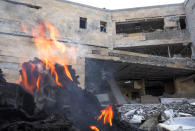 A view of a newly built natal center damaged by shelling by Azerbaijan's artillery in Stepanakert, the separatist region of Nagorno-Karabakh, Wednesday, Oct. 28, 2020. Nagorno-Karabakh officials said Azerbaijani forces hit Stepanakert, the region's capital, and the nearby town of Shushi with the Smerch long-range multiple rocket systems, killing one civilian and wounding two more. (AP Photo)