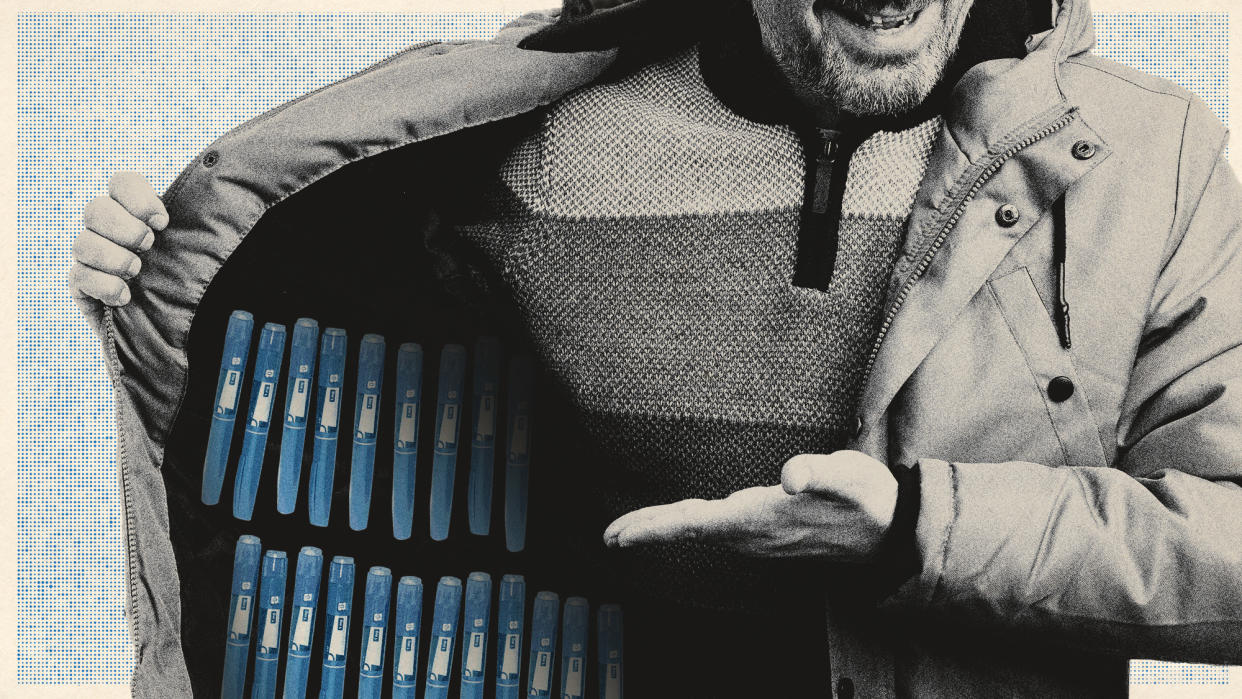  Photo collage of a man holding open his coat to reveal rows of counterfeit semaglutide injection pens. 