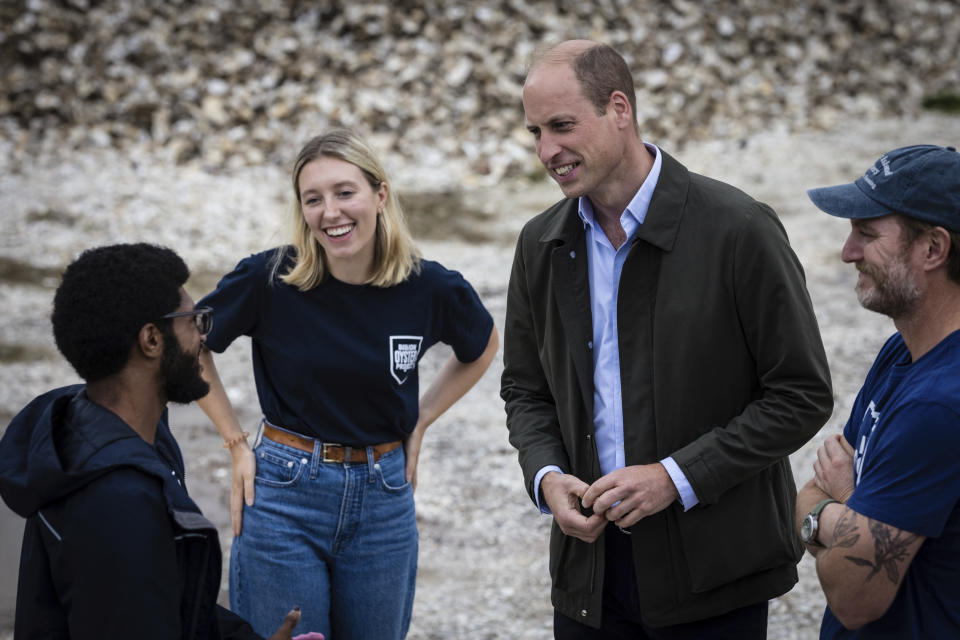 Britain's Prince William, Prince of Wales speaks to students from the Urban Assembly New York Harbor School about the Billion Oyster Project on Governors Island in New York on Monday, Sept. 18, 2023. (AP Photo/Stefan Jeremiah, Pool)