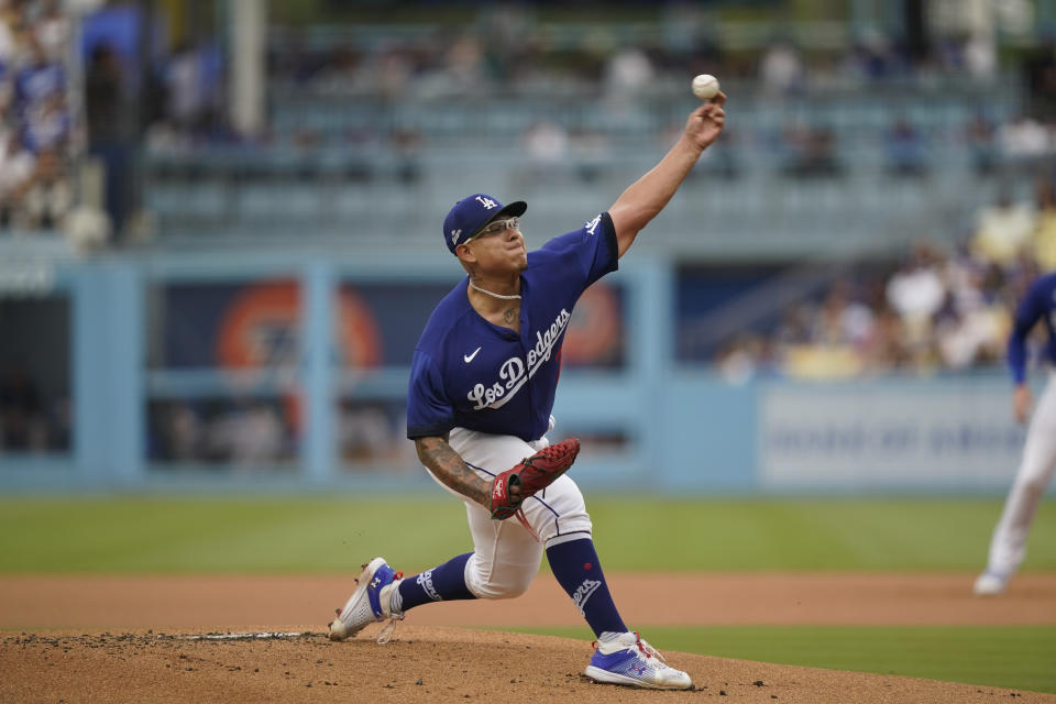 Los Angeles Dodgers starting pitcher Julio Urias throws to a Miami Marlins batter during the first inning of the second baseball game of a doubleheader Saturday, Aug. 19, 2023, in Los Angeles. (AP Photo/Ryan Sun)