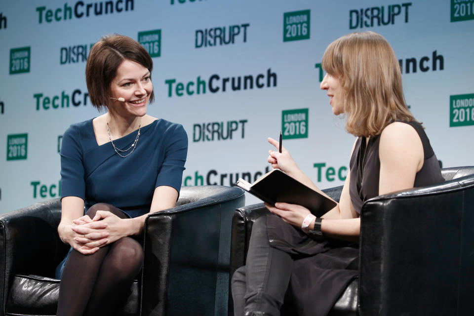 Co-founder and CEO of Darktrace Poppy Gustafsson (L) attends a Q&A. Photo: Getty Images