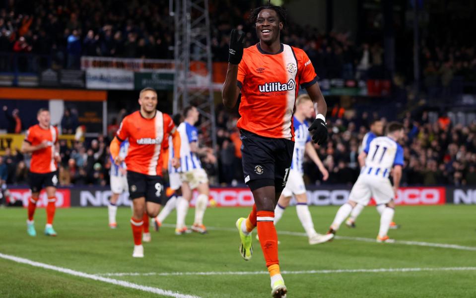 Elijah Adebayo of Luton Town celebrates scoring his hat-trick goal