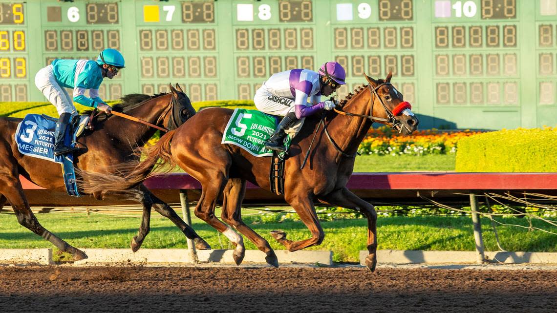 Slow Down Andy beats Messier to the finish line to win the Grade 2 Los Alamitos Futurity last December. After compiling 60 points on the 2022 Road to the Kentucky Derby, he was knocked out of the Run for the Roses by illness in April. Benoit Photography