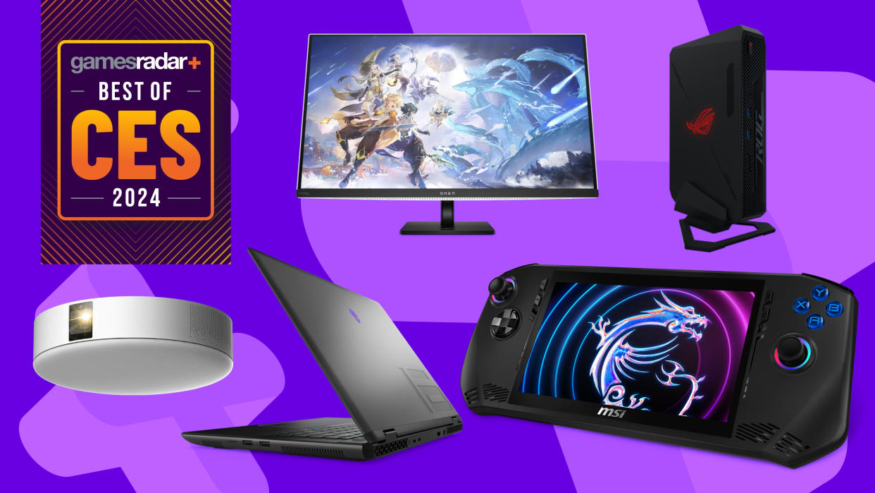  Gaming tech on a purple background with best of ces banner. 