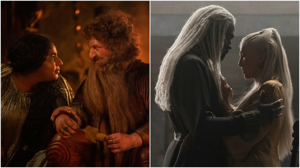 Left: Sophia Nomvete and Owain Arthur in “The Lord of the Rings: The Rings of Power”; right: Steve Toussaint and Eve Best in “House of the Dragon.” - Credit: HBO; Amazon Studios