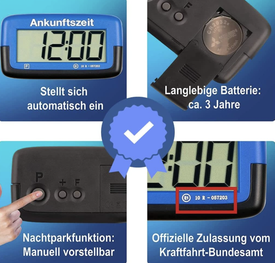 Die Parkuhr stellt sich bei jedem Stillstand (>20 Sek.) von selbst ein - die Ankunftszeit (aufgerundet zur nächsten halben Stunde) bleibt sichtbar bis sich das Auto wieder bewegt. (Bild: Amazon)