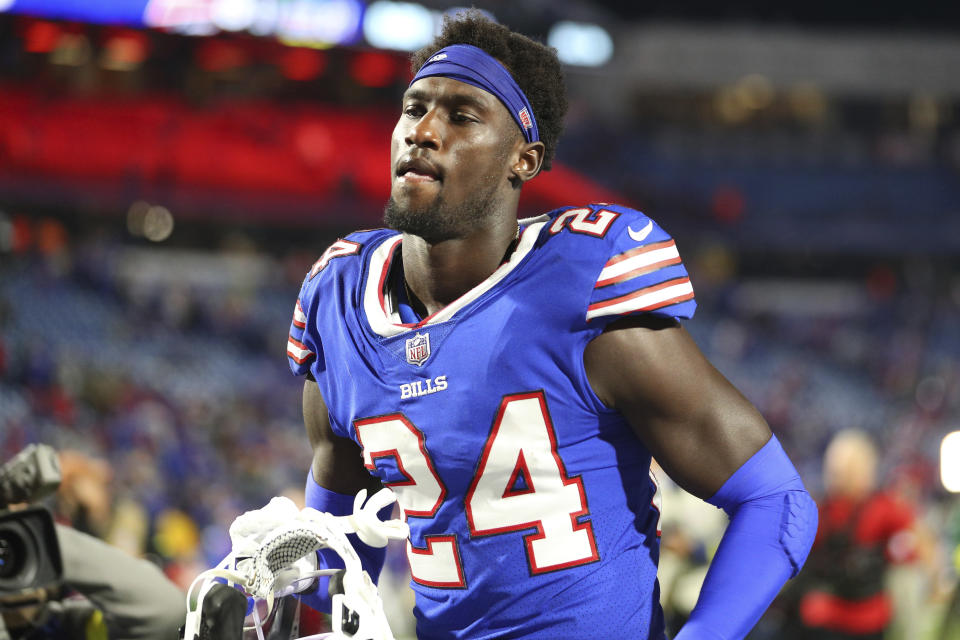 FILE - Buffalo Bills cornerback Kaiir Elam (24) walks off the field after an NFL football game against the Green Bay Packers, Sunday, Oct. 30, 2022, in Orchard Park, N.Y. The Buffalo Bills bulked up their injury depleted defensive front by signing veteran tackle Linval Joseph on Thursday, Nov. 2, 2023. The Bills freed up room on their roster by placing under-performing cornerback Kaiir Elam on injured reserve due to an ankle injury.(AP Photo/Bryan Bennett, File)