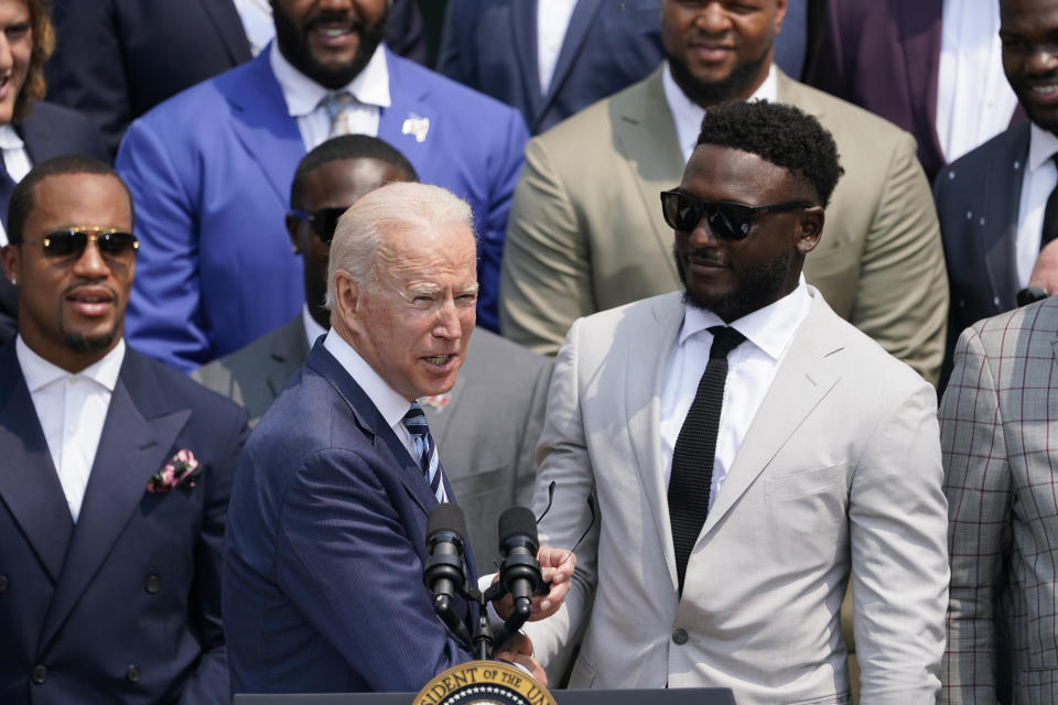President Joe Biden shakes hands with Tampa Bay Buccaneers wide receiver Chris Godwin as he arrives for a ceremony on the South Lawn of the White House, in Washington, Tuesday, July 20, 2021, to honor the Super Bowl Champion Tampa Bay Buccaneers for their Super Bowl LV victory. (AP Photo/Andrew Harnik)