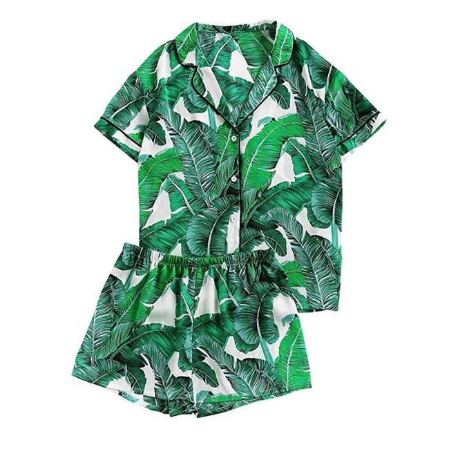 Floerns Palm Leaf Print Sleepwear Two Piece Pajama Set