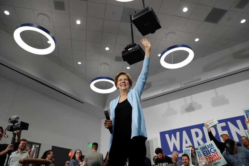 Democratic U.S. presidential candidate Senator Elizabeth Warren waves to the crowd during a town hall event in Henderson, Nevada