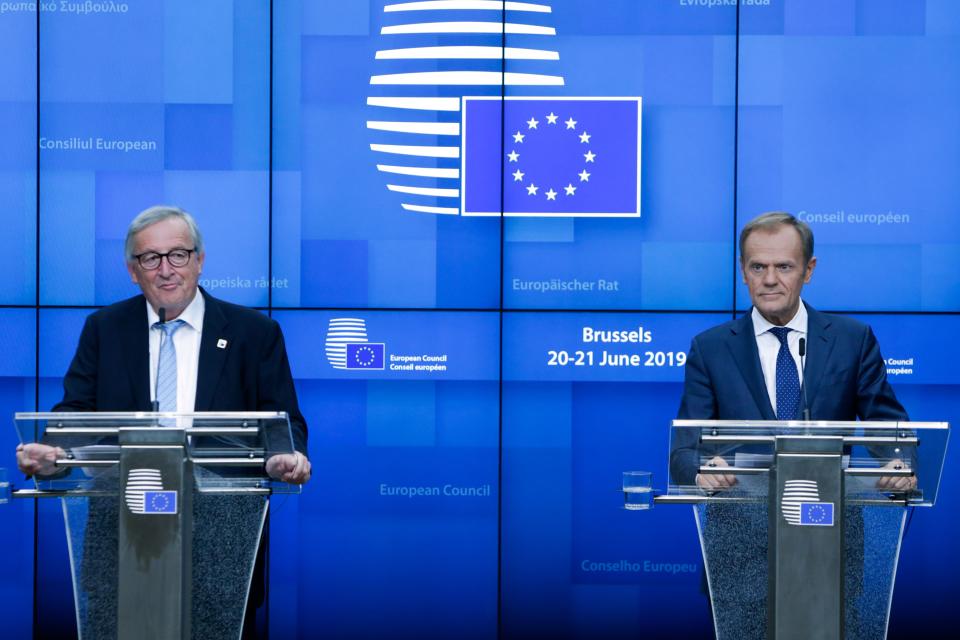 President of the European Commission Jean-Claude Juncker and the President of the European Council Donald Tusk give a press conference after the first day of the European Summit where the future of the Presidency of the Commission and the Council were discussed in Brussels, on June 21, 2019. (Photo by Aris Oikonomou / AFP)        (Photo credit should read ARIS OIKONOMOU/AFP/Getty Images)