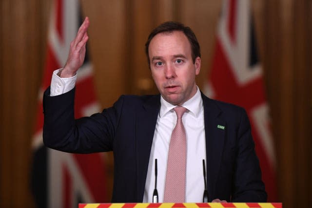 Health Secretary Matt Hancock during a media briefing in Downing Street