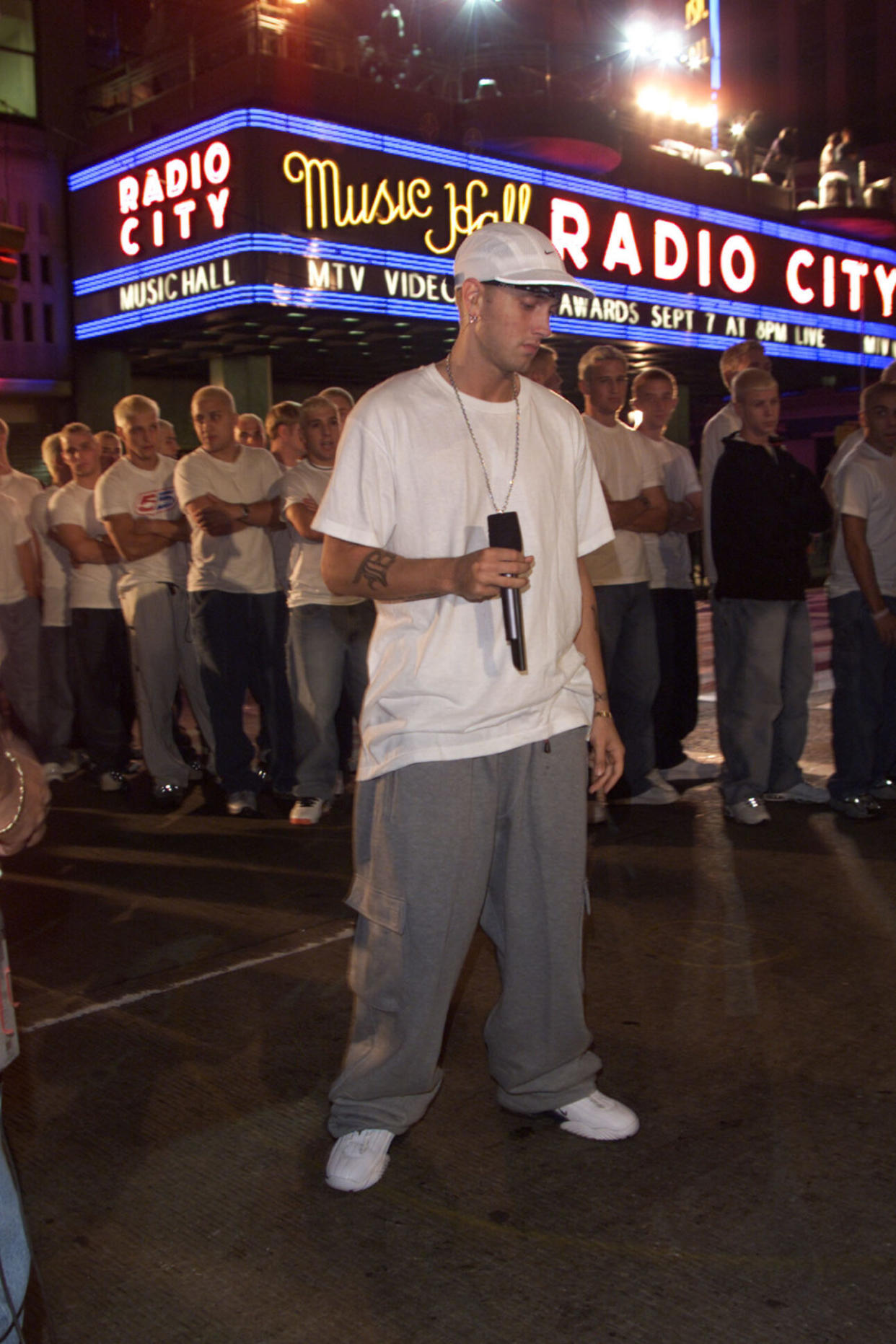 Eminem and his look-a-likes at rehearsals for the 2000 MTV Video Music Awards at Radio City Music Hall, New York City, September 6, 2000 (Credit: Frank Micelotta/Getty Images)