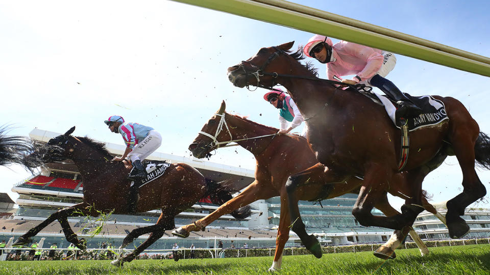 Hugh Bowman, pictured here riding Anthony Van Dyck in the Melbourne Cup.